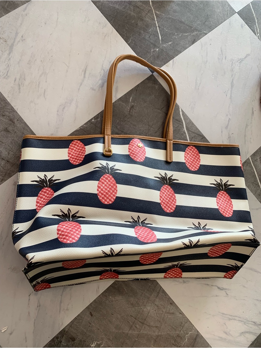 Tory Burch Navy & White Striped Tote with Pink Pineapple Print and Tan Handles